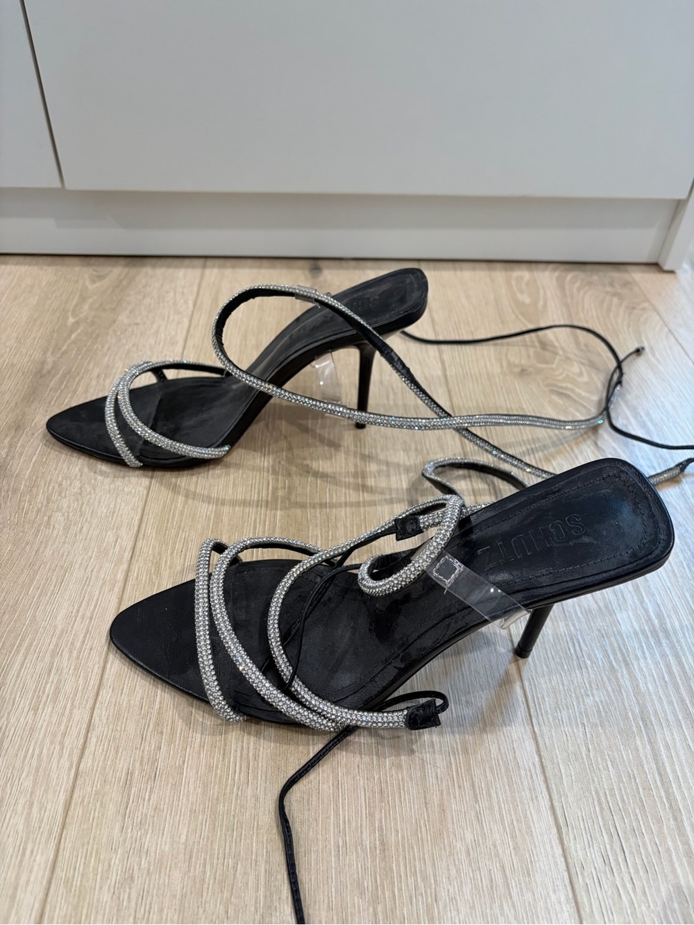 SCHUTZ Black Rhinestone Lace-Up Stiletto Heels